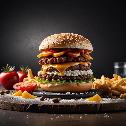 A giant cheeseburger with some french fries and tomatoes on a plate.