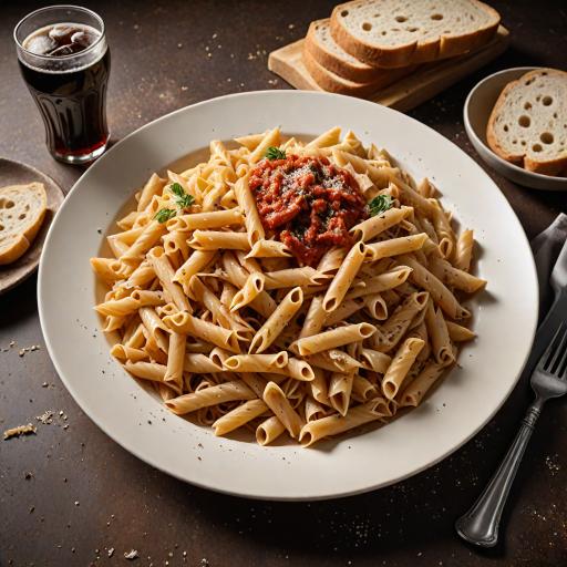 A plate full of pasta, some sliced bread, and a soft drink. The bad carbs.