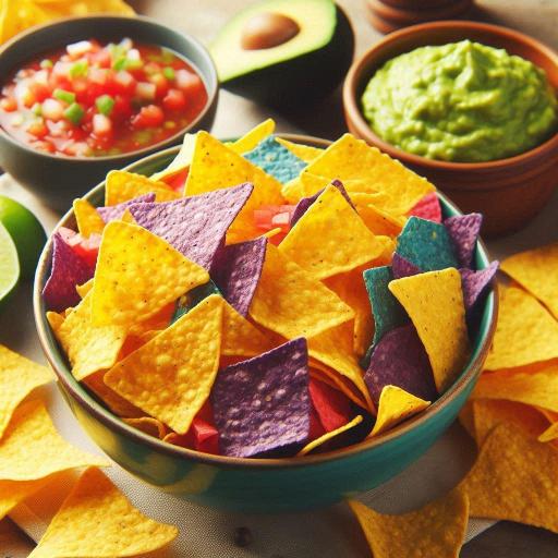 A bowl of corn chips, some guacamole, and some salsa