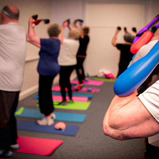 Older people working out with small weights, resistance bands, and yoga mats