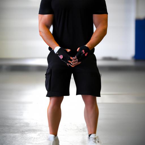 body of a man in a gym wearing black shorts and a black t-shirt