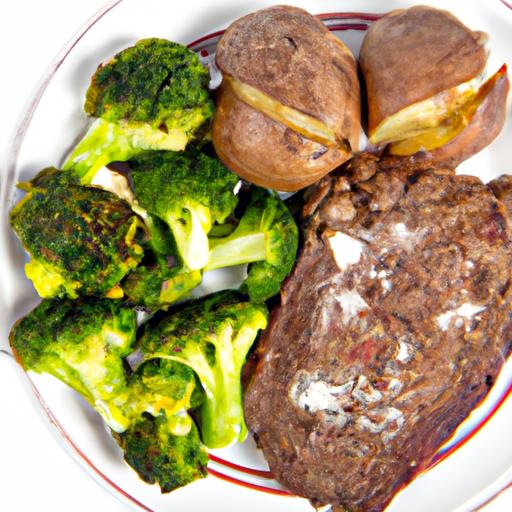 a plate filled with steak, baked potatoes, and broccoli