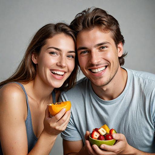 young happy couple holding and eating fruit