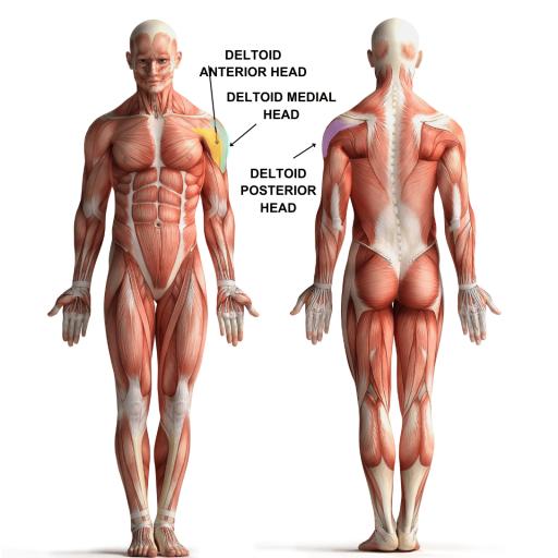 Anatomical drawing depicting the three muscles in the human shoulder known as the deltoid group.