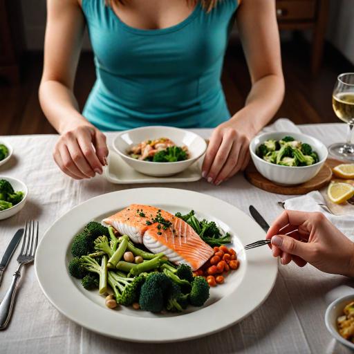 people enjoying a healthy meal of fish, beans, and broccoli