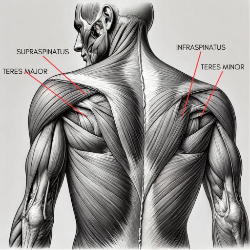 an anatomical approximation of the human body from the back view labeled to show the approximate locations of the human rotator cuff muscle group