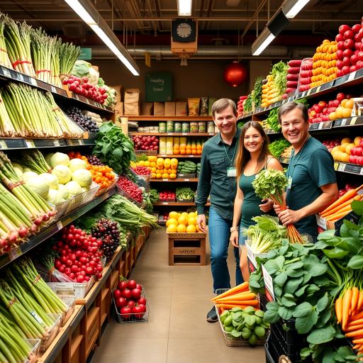 Happy people in a small shop filled with only fruits and vegetables.