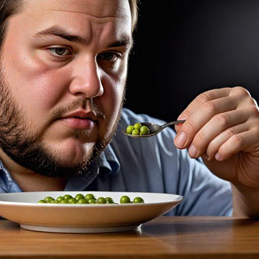 a computer generated image of a heavy man eating peas.