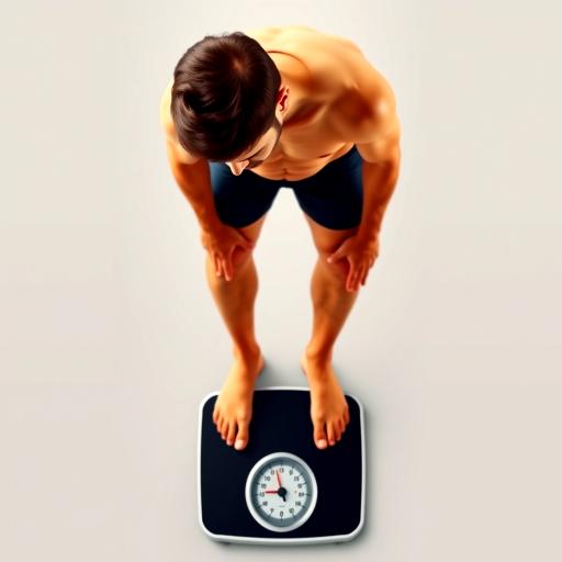 man standing on scales looking down - view from overhead