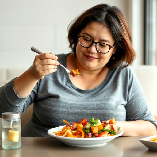 A plump lady eating a nutritious meal.