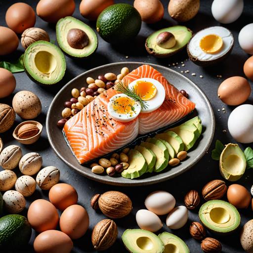 A selection of foods including salmon, eggs, avocados, beans, and nuts - rich sources of omega-3 fatty acids.