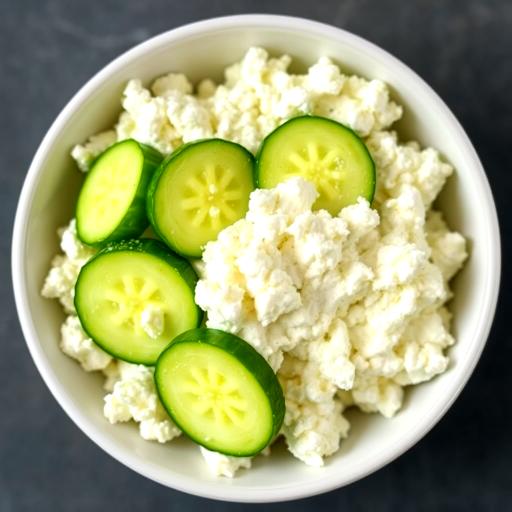 A bowl containing cottage cheese curds and a few round slices of cucumber