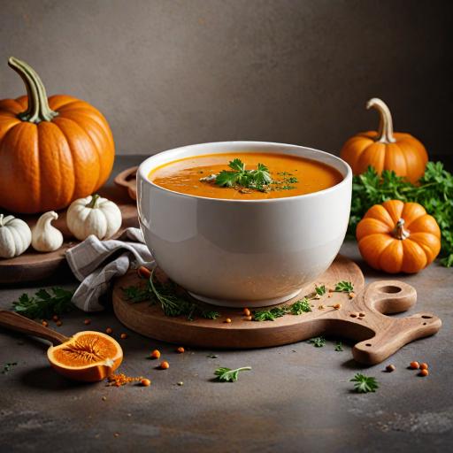 a bowl of pumpkin soup and a mess on the table