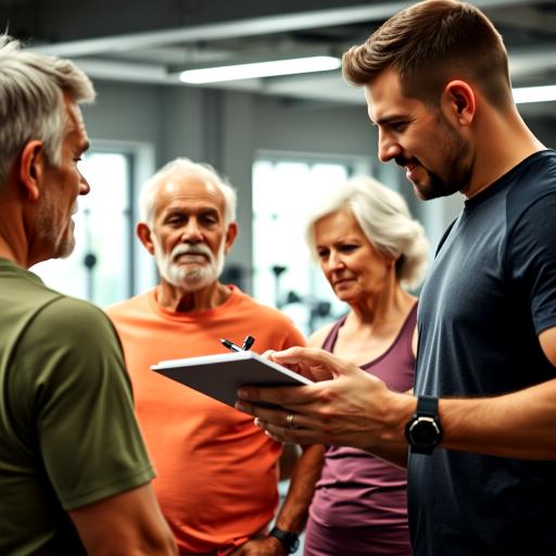 A young trainer working with older clients in a gym