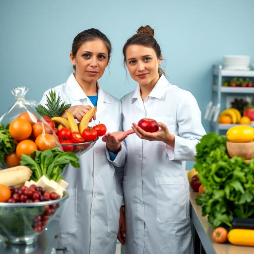 Two female scientists with whole foods in a lab