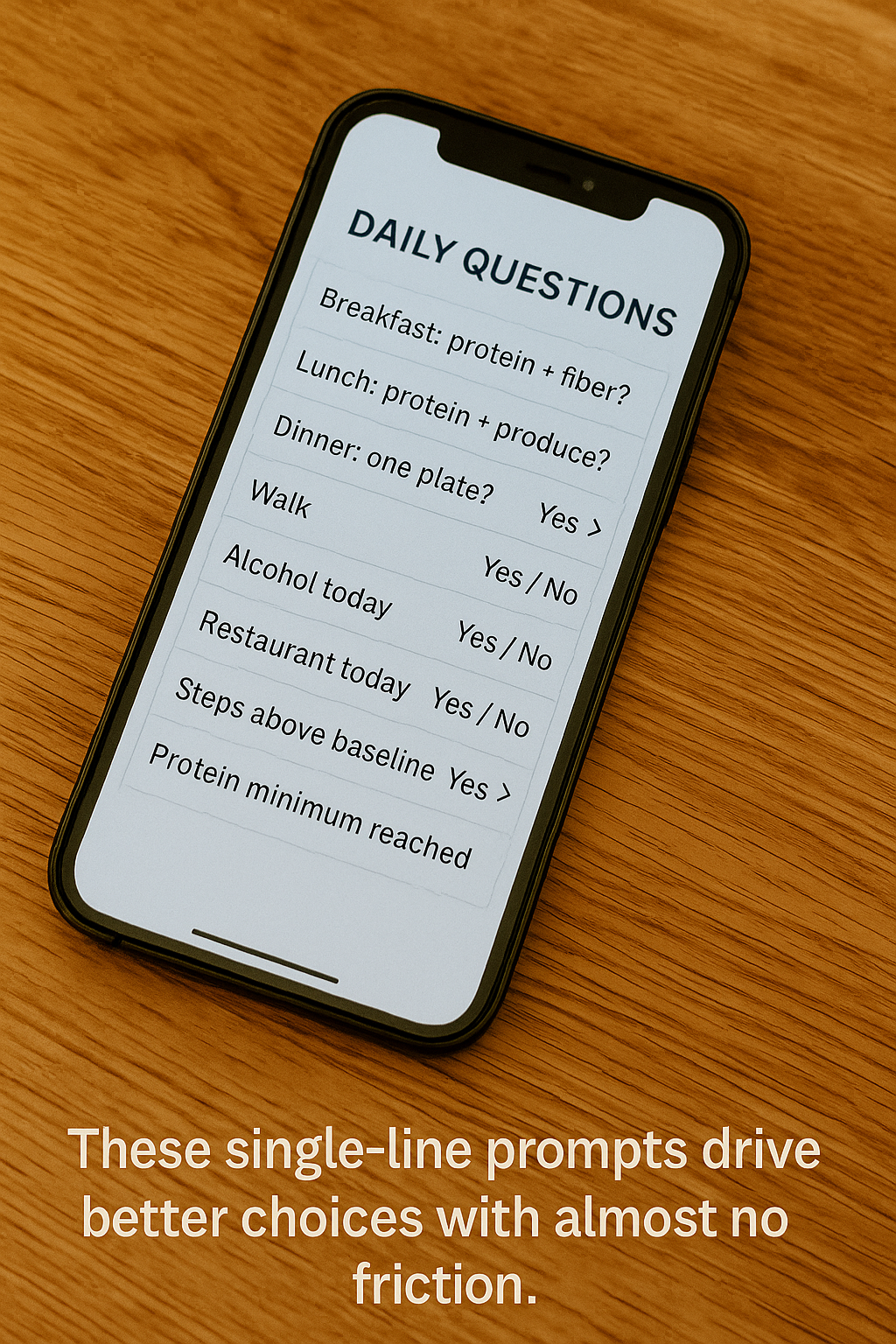 Phone screen showing daily yes or no prompts for meals, walking, alcohol, restaurant, steps, and protein