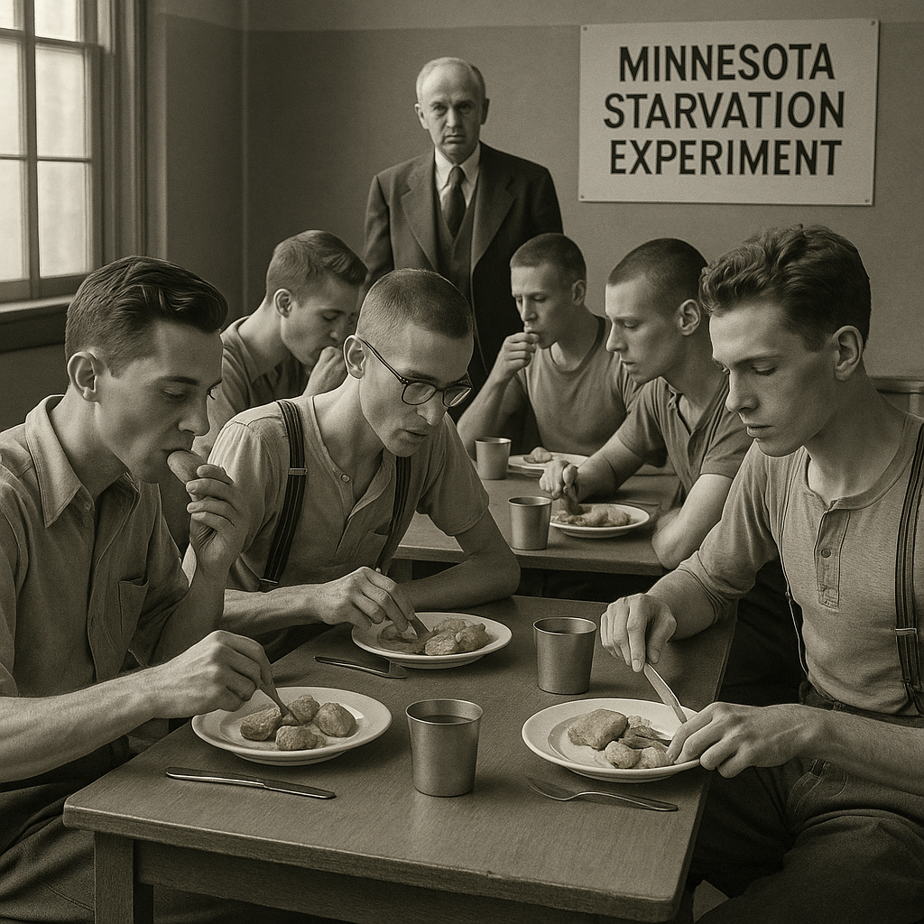 Minnesota Starvation Experiment volunteers eating measured rations (AI generated)
